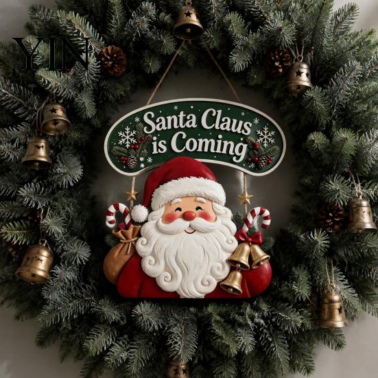 Vintage Style Seasonal Home Accents Christmas Wooden Hanging Sign, Rustic Holiday Wall Decor with Santa Claus Door Hanger Reindeer And Snowman