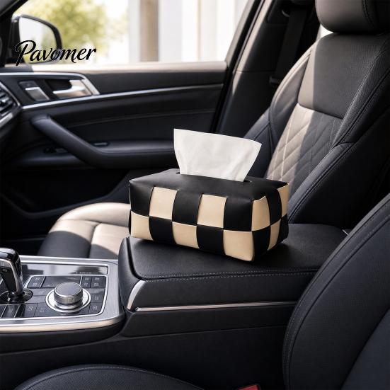 Artificial Leather Tissue Box Checkered Box, with Flip-Open Top, PU Holder, Durable Case Stain-Proof Facial Dispenser, for Bathroom Car Bedroom