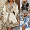 A New Summer Women's Dress with A Printed V-neck and Three-quarter Sleeves, Tied and Cinched Waist