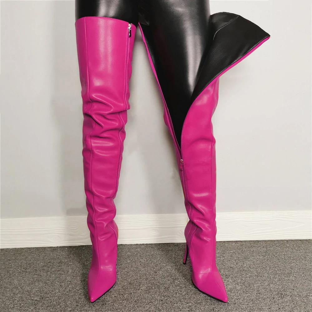 Thin Heels Boots Autumn and Winter Women Polychrome Over The Knee Boot Sexy  Pointed Toe PU Side Zipper Large Size Women Shoes