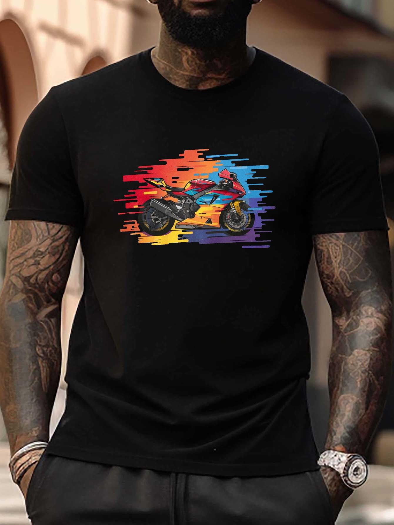 Plus Size Motorcycle Graphic T-shirt - Vibrant Color Splashes Design L