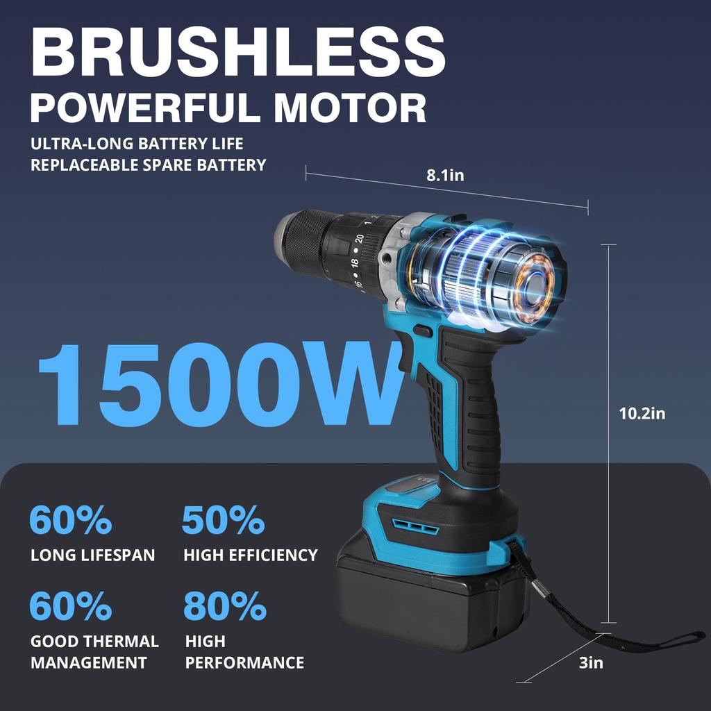 Dual-Speed Brushless High-Power Impact Drill with Lithium Battery - Portable High Torque Industrial Grade Electric Drill