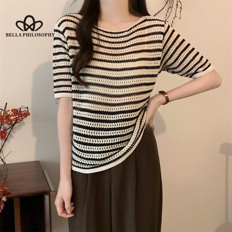 Summer New Hollow Striped Short-sleeved Knitted Top All-match Slim T-shirt Woman Fashion Casual T-shirt