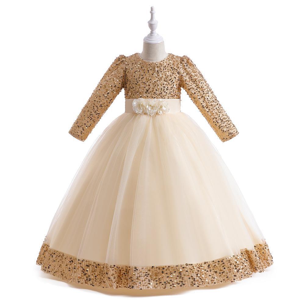 2024 Girls' Sequin Long Sleeve Evening Dress for Catwalk and Events