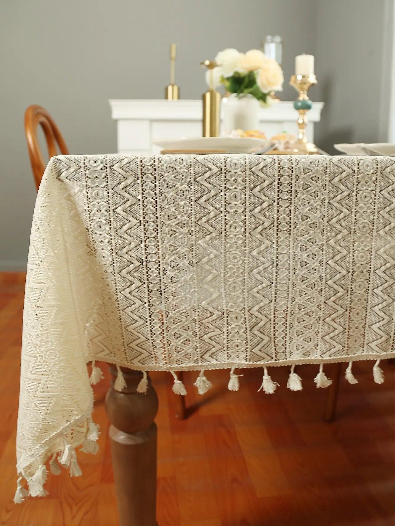 

Beige Wave Triangular Lace With Tassel Tablecloth, Dining Table Fabric Decoration 140x140cm светло-желтого