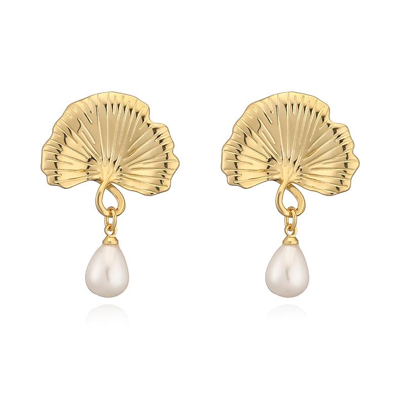 HECHENG,Ginkgo Biloba Scallop Pendant with Teardrop Pearl Necklace Earrings Single Piece Elegant Vintage Jewellery Other