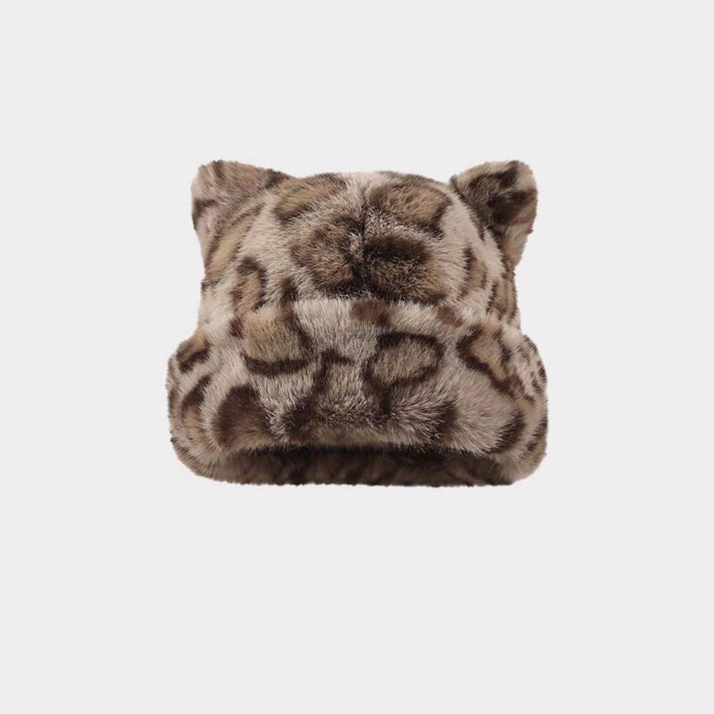 Korean Style Leopard Ear Beanie Soft Pullover Cap Versatile Brimless Beanie Cap  Autumn