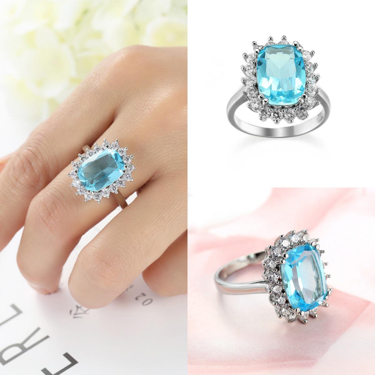 

Light Blue Zircon Square Ring for Women - Trendy European & American Fashion Size 6 светло-синий