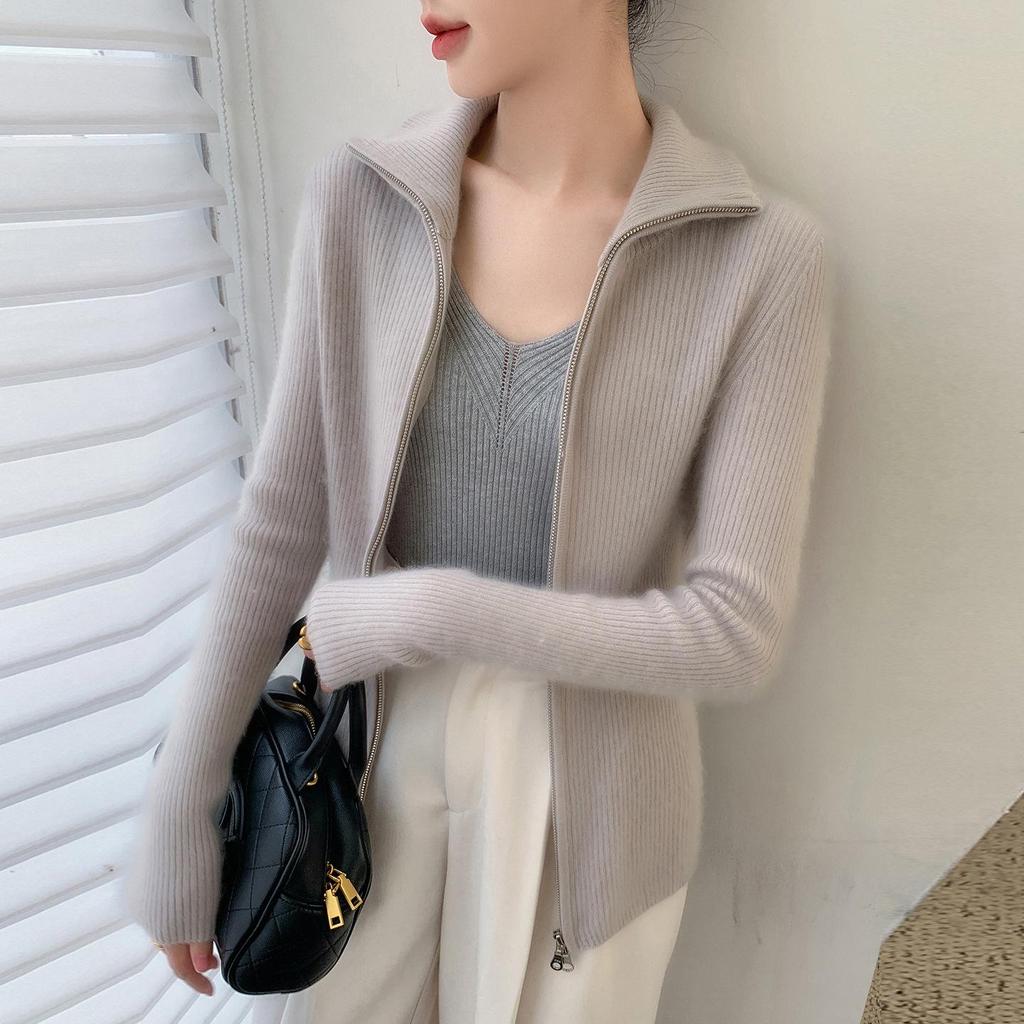 25 Premium Women's Baby Cashmere Cardigan, Double-Zipper Lapel Ribbed Sweater, Loose Wool Coat for Autumn/Winter.