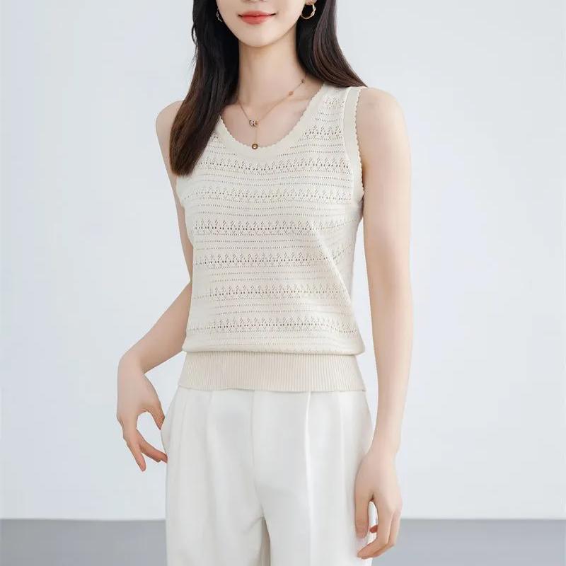 WTEMPO Hollow-out O-Neck Large Size Solid Color Casual Camisole Vests Women's Spring Summer Sleeveless Knitted Tank Tops