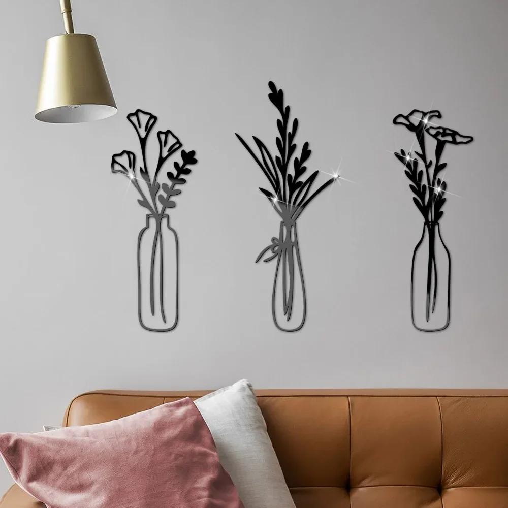 

3pcs Flower Vase Mirror Wall Sticker Acrylic Wall Sticker Living Room Bedroom Decoration DIY 3D Self-adhesive Home Decor Sticker H 20cm чёрный