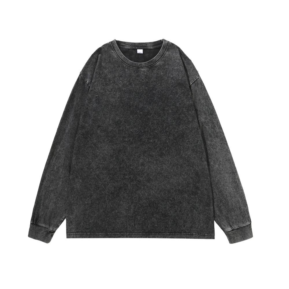 

Heavy Washed-out Vintage 100% Cotton Long Sleeve T-shirt Men Loose Spring Autumn round Neck Tees Tops XL чёрный