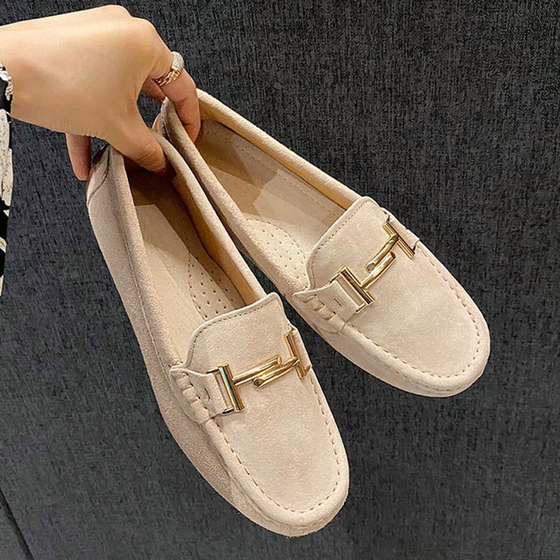 Fashion 2025 Brand Metal Buckle Mocasines Women Genuine Leather Shoes Pigskin Loafers Femmes Slip On Cow Suede Flats Woman Shoes Walking