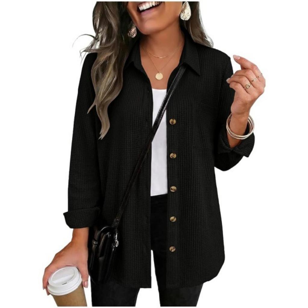 Fall New Arrival Waffle Texture Button Cardigan, European American Style Simple Versatile Casual Long Sleeve Shirt