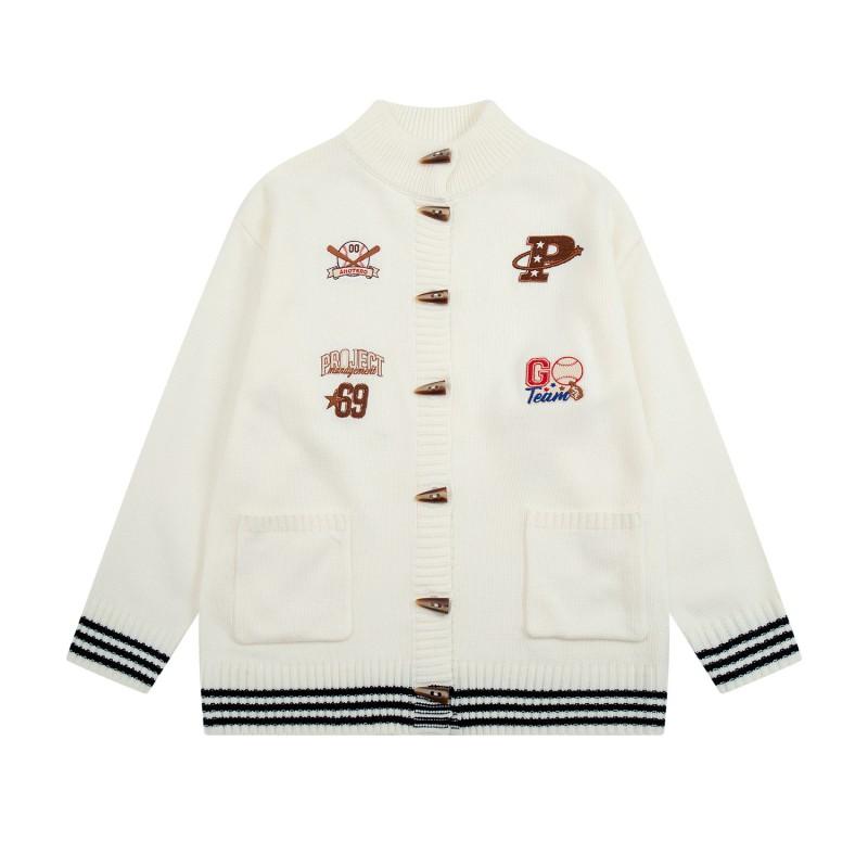 American Vintage Baseball Patch Embroidered Horn Button Knit Cardigan Unisex Stand Collar Sweater Jacket
