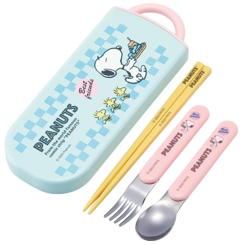Skater Cutlery Set for Kids, Lunch Box, Chopsticks, Spoon, and Fork, Made In Japan, Sliding Cutlery with Name Stickers, Antibacterial, Snoopy Trio Set