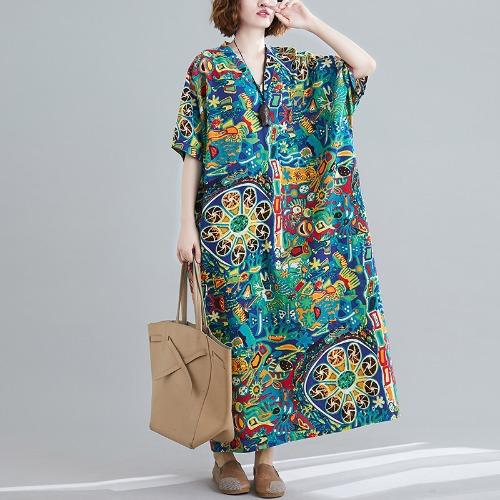 Real Shot Summer New Literary Large Size Loose Cotton and Linen Printing V-neck Short-sleeved Dress Women's Clothing