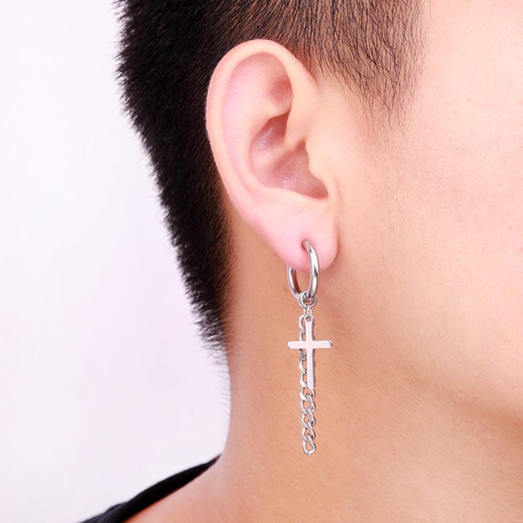 Punk Cross Chain Rock Men Women Hip-hop Black Stainless Steel Tragus Piercing Hoop Street Pop Earring Guys Accessories Jewelry