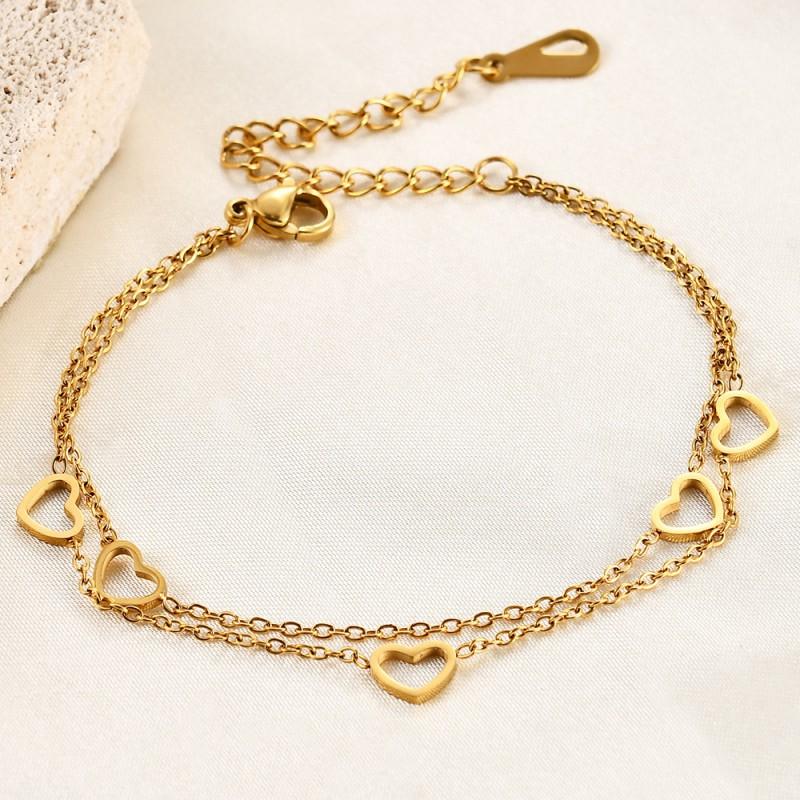 Stainless Steel Layered Adjustable Heart Charm Bracelet Women Gold Plated Minimalist Fashion Jewelry