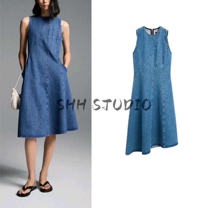 MD Fall Women's Clothing Casual Minimalist Stylish Seam Mid Length Long Length Sleeveless Denim Dress 6640800