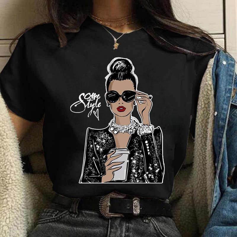 Coffee Girl Casual Women's T-shirt New Black Girl's Top Round Neck Y2K Harajuku 90S Fashion Short Sleeve Clothes,Drop Ship