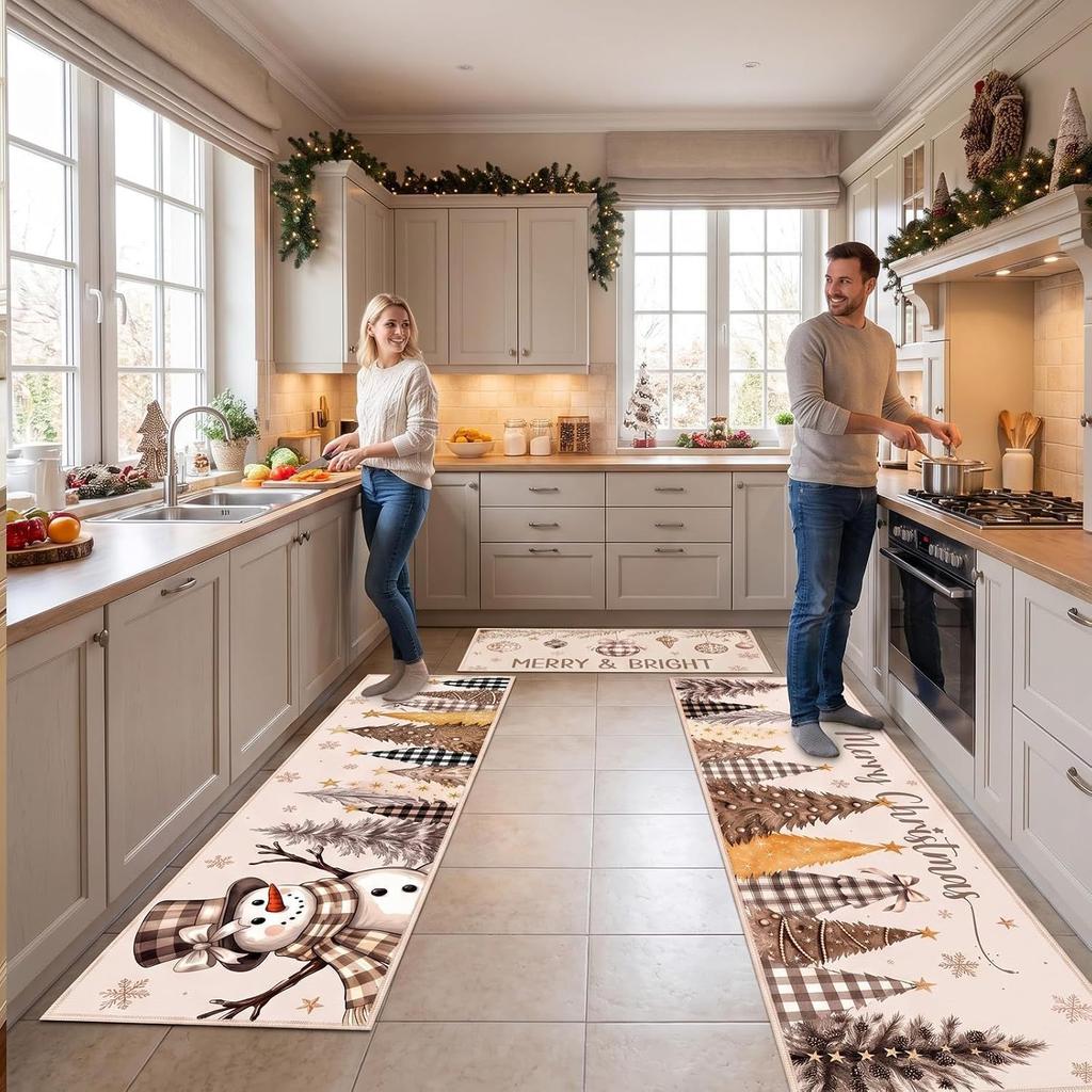 3Pcs Christmas Kitchen Mat Non Slip Washable Crystal Velvet Floor Rugs Holiday Home Decoration