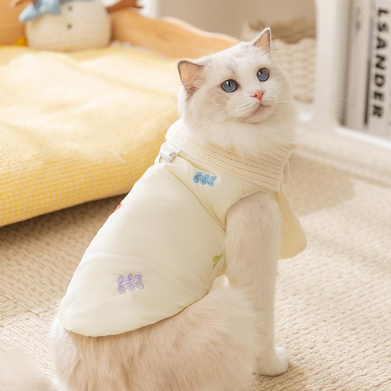 Cat Clothes Autumn and Winter Warm Embroidered Bear with Scarf Into Cat Kitten Vest Puppy Dog Teddy Pet Clothing