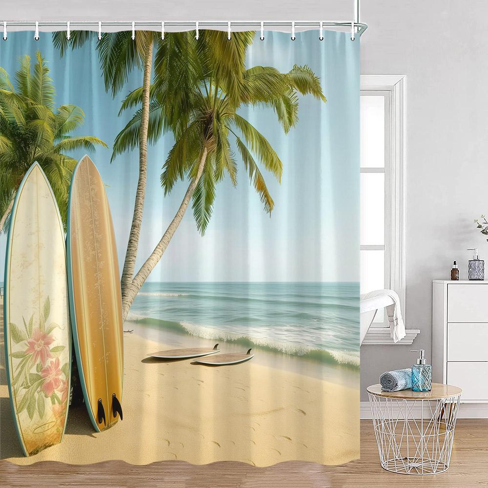 Camping Surf Duschvorhänge Sommerurlaub Reisender Wohnmobil Strand Kokospalmen Meerufer Badezimmerdekorationen Retro Badevorhänge