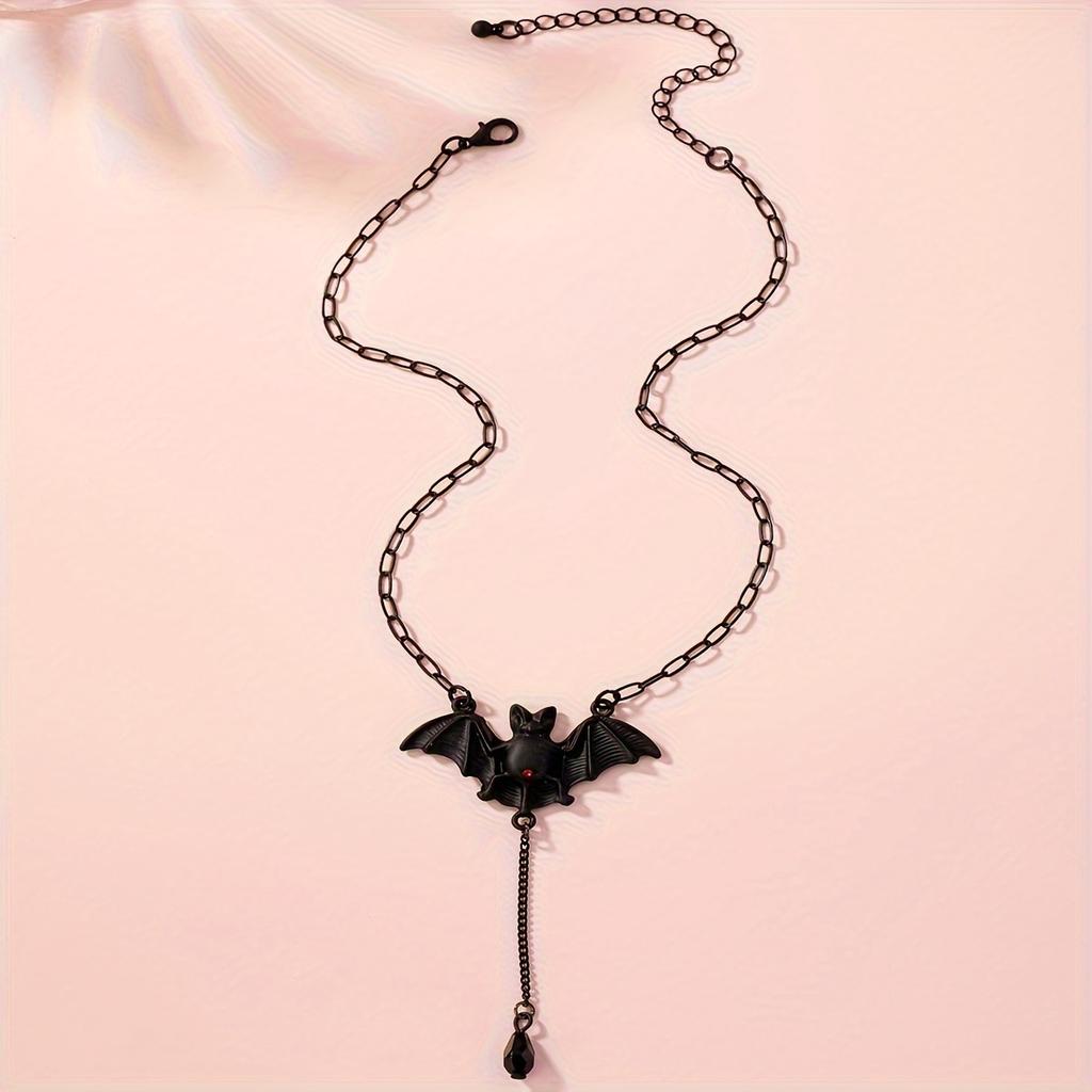 Gothic Halloween Bat Necklace for Women - Black Bat Pendant with Red Eyes & Teardrop Bead Chain, Edgy Party Jewelry for Costume