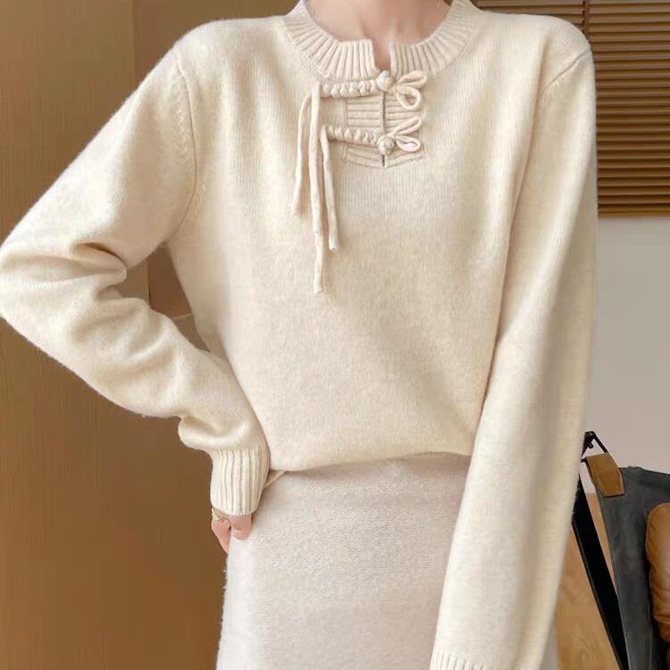 New Chinese Style Autumn and Winter New Women's Half-open Collar Loose Pullover Knitted Sweater Velvet