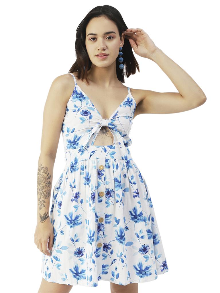 Moomaya Printed Spaghetti Strap Dress, Tie-Knot Knee Length, Flared Dress