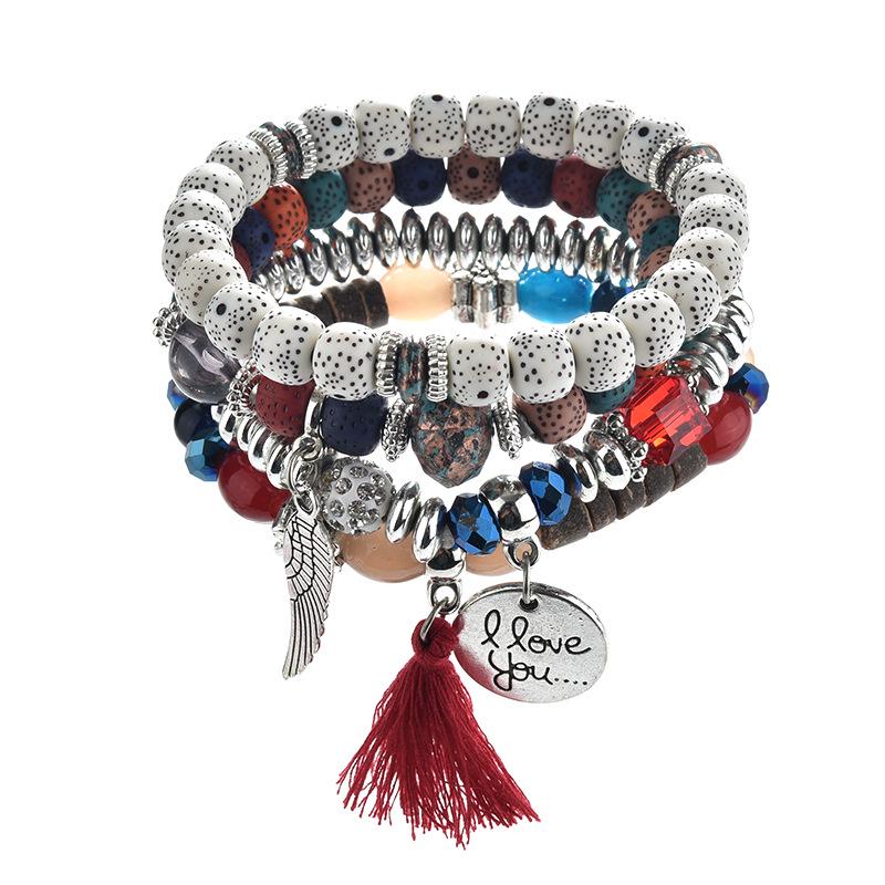 Ethnic Wind Wings Bracelet Round Card Letters Multilayer Tassel Beaded Bracelet Vintage Bracelet