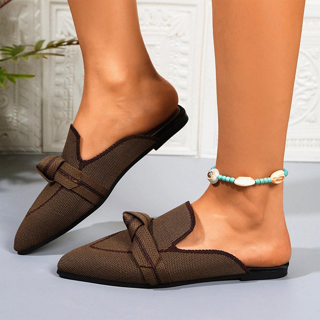 Women Pointed Toe Flat Slip On Shoes Lightweight Breathable Flyknit Upper Bowknot Decoration Casual Loafers for Daily Wear