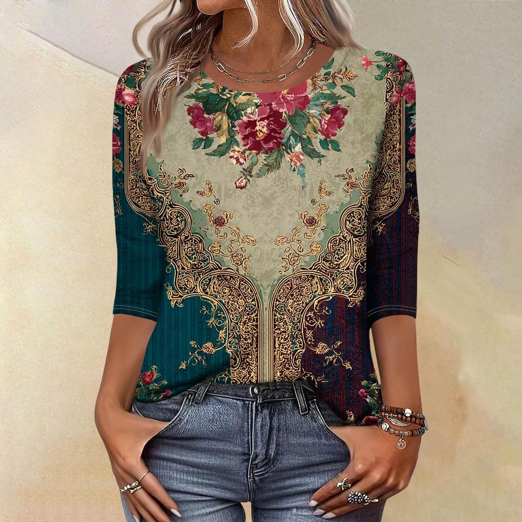 Trendy Vintage 3/4 Sleeve Top For Women,Ladies Casual Three Quarter Sleeve Round Collar Printed T-Shirt Blouse