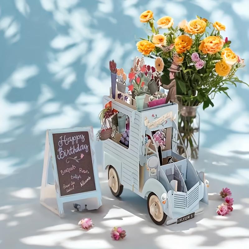 Charming 3D Pop-Up Birthday Card - Laser-Cut Paper Craft with Vintage Blue Car Design, Pink & Red Flowers, Ideal for Friends & Family
