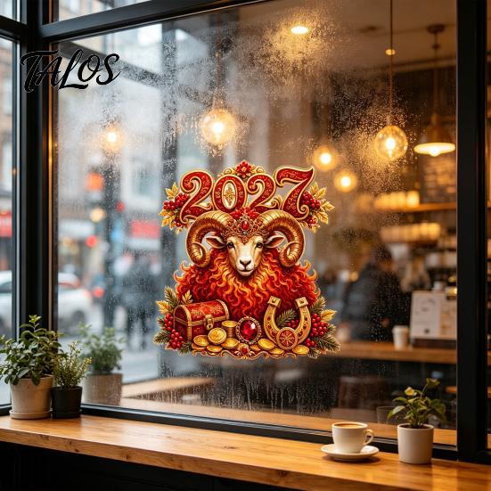 Seasonal Glass Window Ornament 2027 New Year Cling, Red And Gold Zodiac Sheep Static Decals for Doors, Non-adhesive Reusable Sticker Home Office Shop