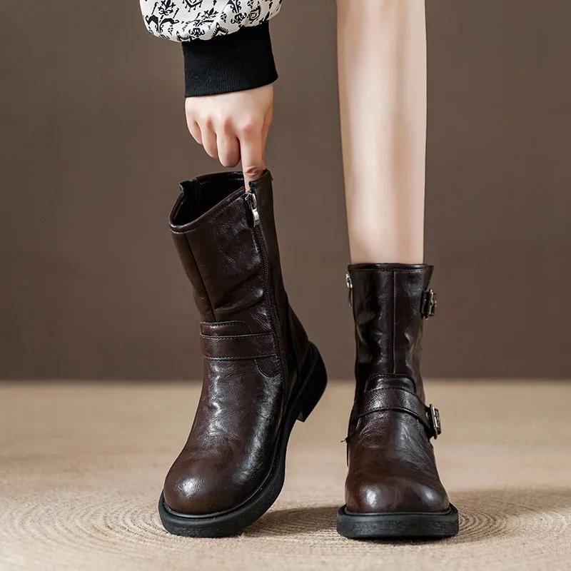 Fashion Retro Cowhide Western Cowboy Platform Boots for Women Designer Soft-soled Women's Shoes Fashion Non-slip Ankle Boots Female