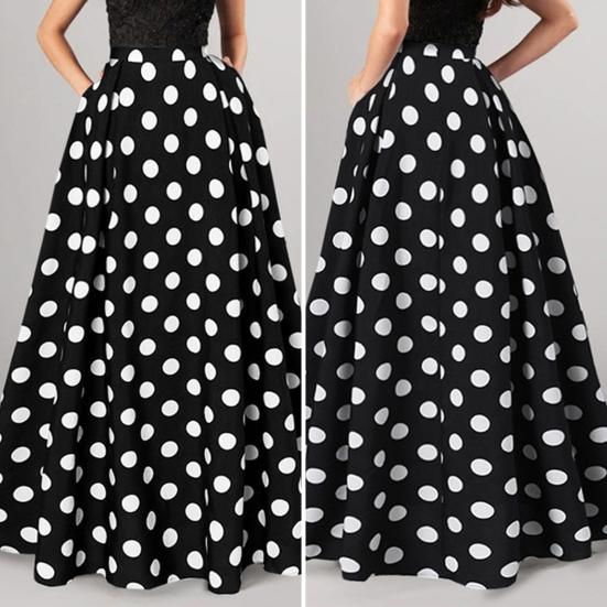 Women Maxi Skirt High Waist Color Matching Dot Print Retro A-line Big Hem Side Pockets Loose Full Length Soft Elastic Waist Lady Prom Party Long Skirt