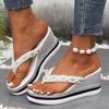 Fashion Pearl Clip Toe Wedges Sandals Women Summer 2025 Chunky Platform Beaded Silver Flip Flops Woman Thick Sole Beach Slippers Shoes
