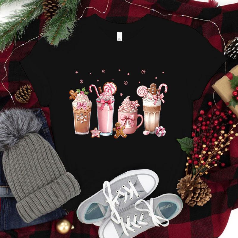Funny Christmas Coffee Print Women Loose Short Sleeve Round Neck Top Female Casual