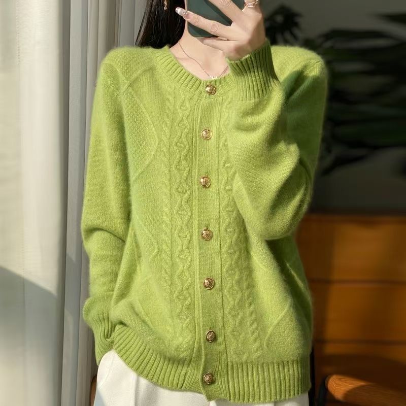 Damski sweter z okrągłym dekoltem, luźny, jednolity kolor, dzianinowy, jesienno-zimowy, krótki sweter kardigan