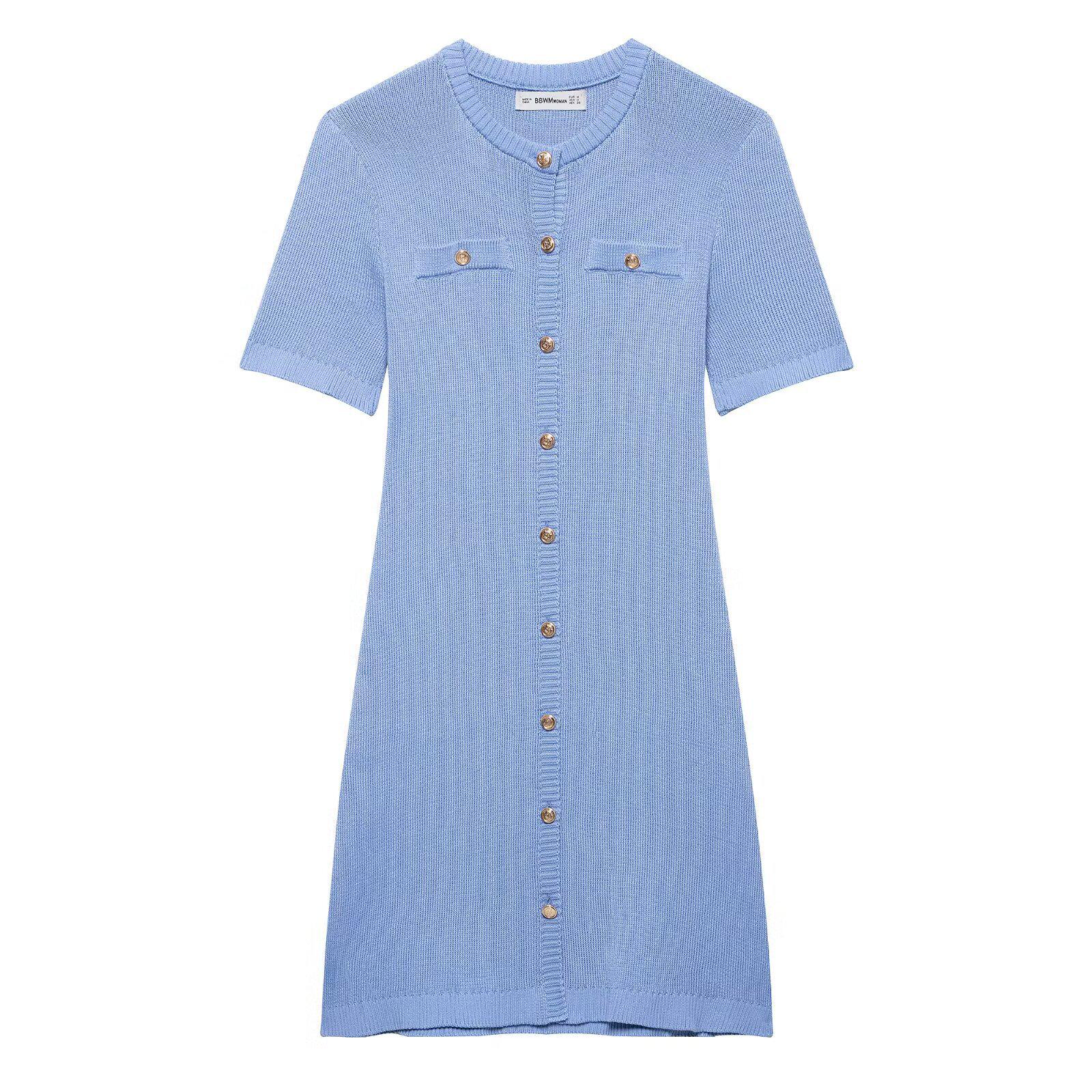 

2025 Summer Women s Fashion: Round Neck, Short Sleeve, Front Button Knitted Dress Small