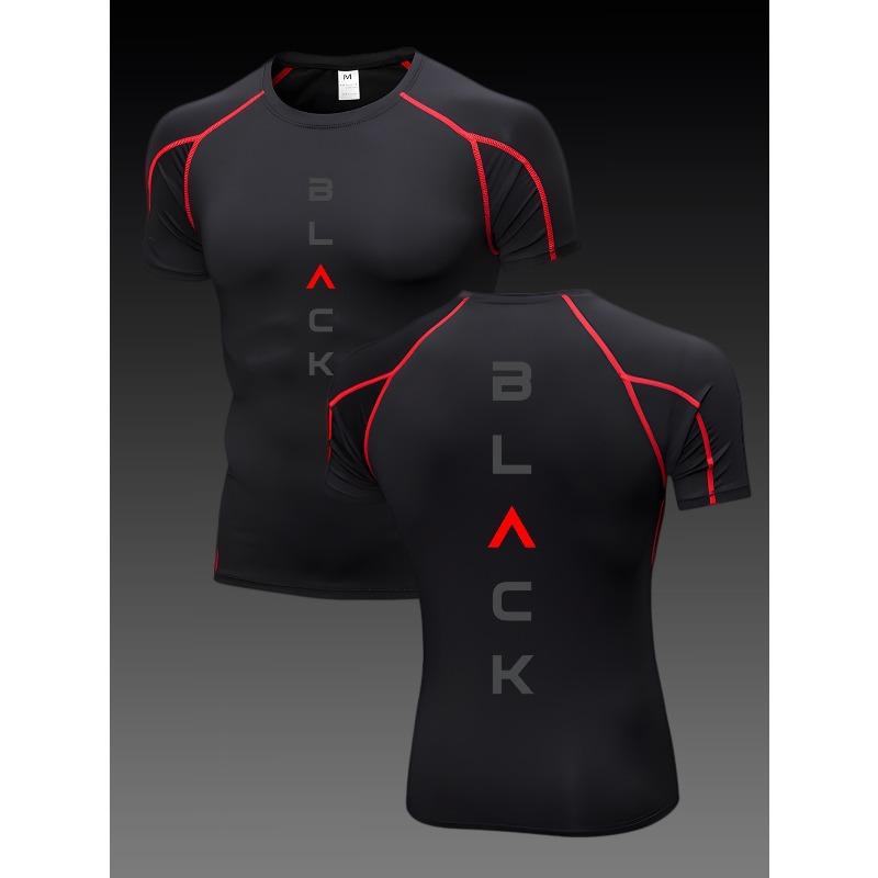 Men's Compression Shirt Quick Dry Black Gym T-Shirt "BLACK" Letter Print Workout Sportswear