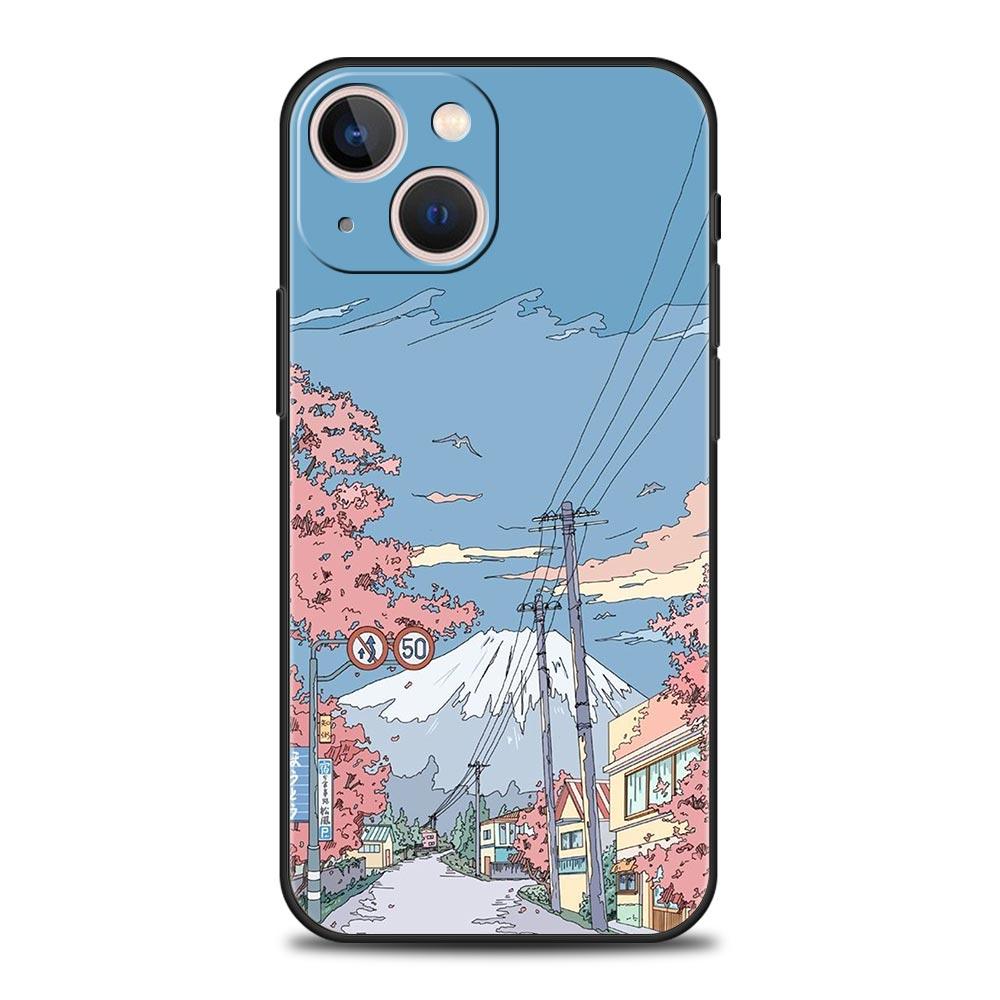 Japan Sunset Scenery Luxury Phone Case For iPhone 13 15 14 12 11 Pro MAX XR X SE XS 7 8 Plus Silicone Black Protection Cover