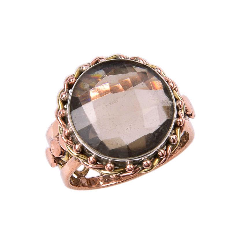 Natural Smoky Quartz Gemstone 925 Solid Sterling Silver Two Tone Ring S.8 V6m17