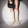 Small thick-soled high knight boots 2025 autumn and winter soft leather black but knee-thin V-mouth long boots for women~