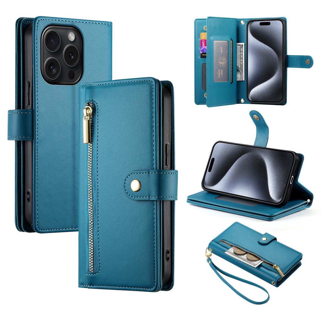 DF-011 For iPhone 15 Pro Case Zipper Leather Phone Cover with Shoulder Strap and Hand Strap