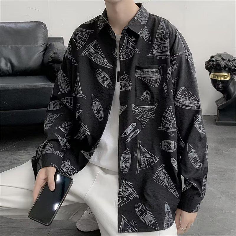 Spring and Autumn Graffiti Long-Sleeved Shirt Men's Printed Ins Fashion Brand Hong Kong Style Japanese Style Students All-Match Fashion Couple's Tops