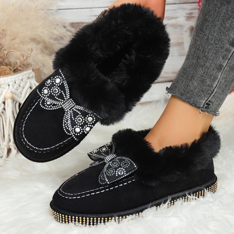 Fashion Sweet Bowknot Furry Snow Boots Women 2025 Luxury Glitter Faux Fur Ankle Boots Woman Short Plush Brand Designer Shoes Winter