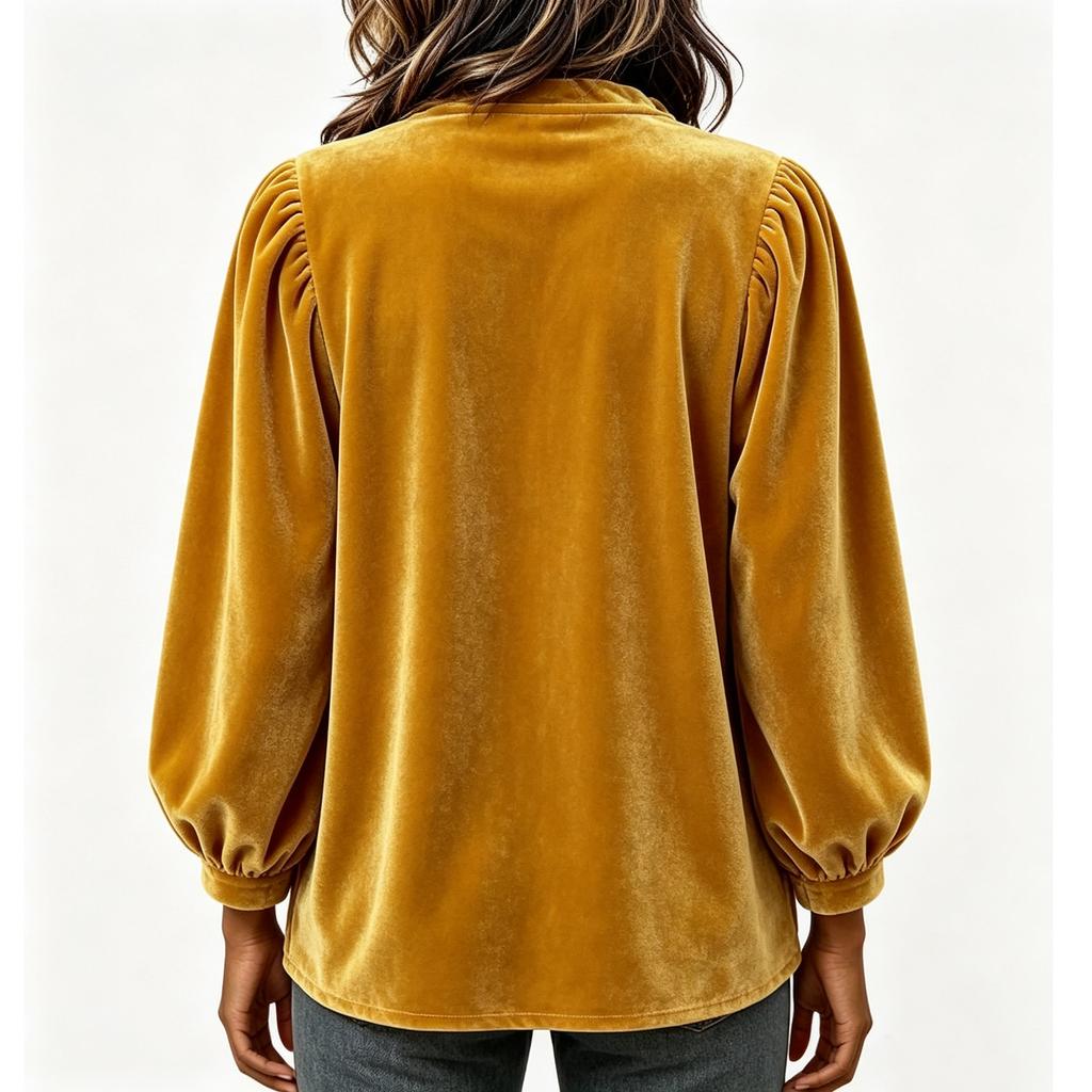 Women's Velvet Pullover Top with V-Neck and Ruffle